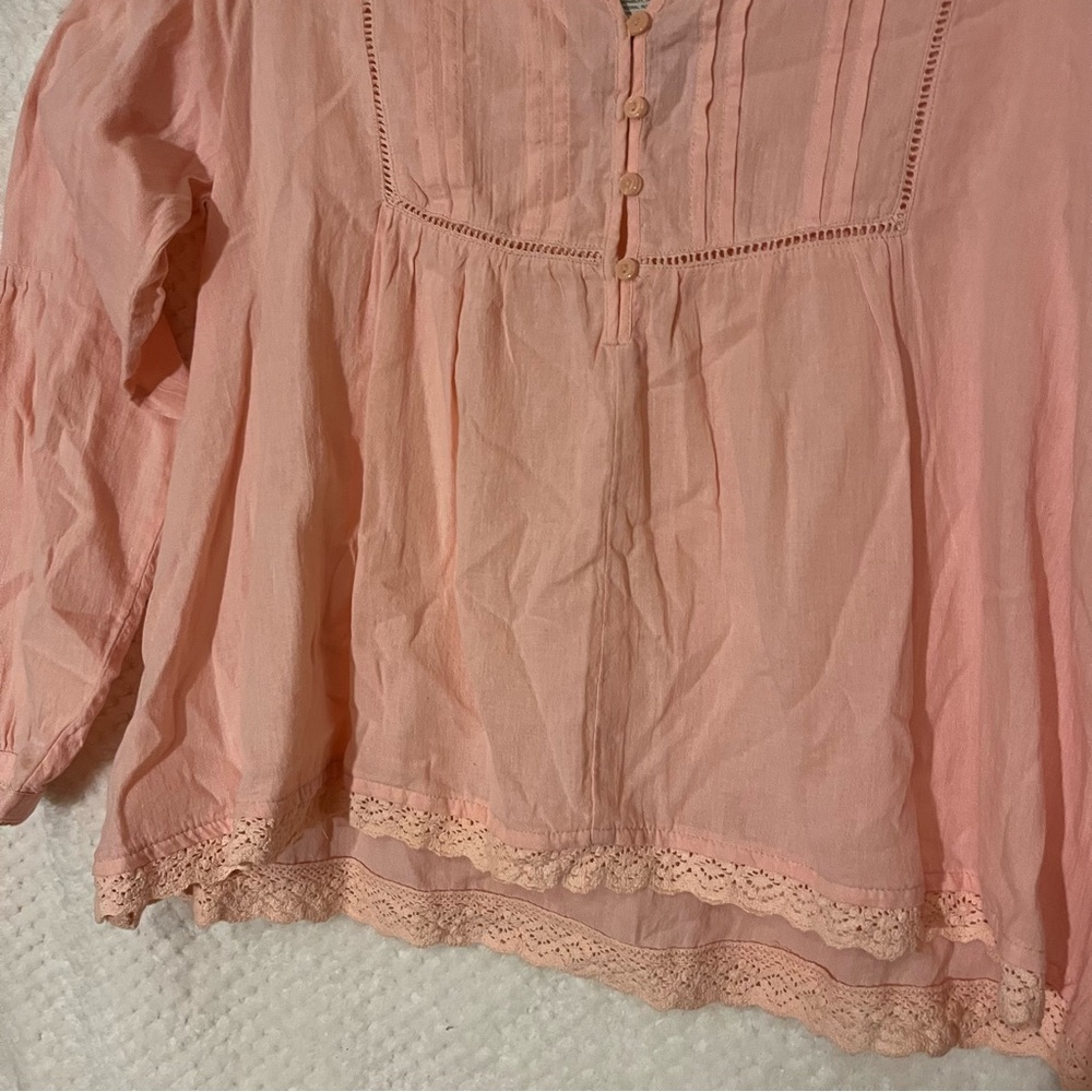 Bass Peach-Pink Pintuck Lace Peasant Blouse Cottagecore lightweight Large NWT - Picture 5 of 6